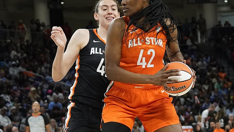 Jul 10, 2022; Chicago, Ill, USA; Team Wilson center Sylvia Fowles is defended by Team Stewart forward Breanna Stewart during the second half in a WNBA All Star Game at Wintrust Arena. Mandatory Credit: David Banks-USA TODAY Sports