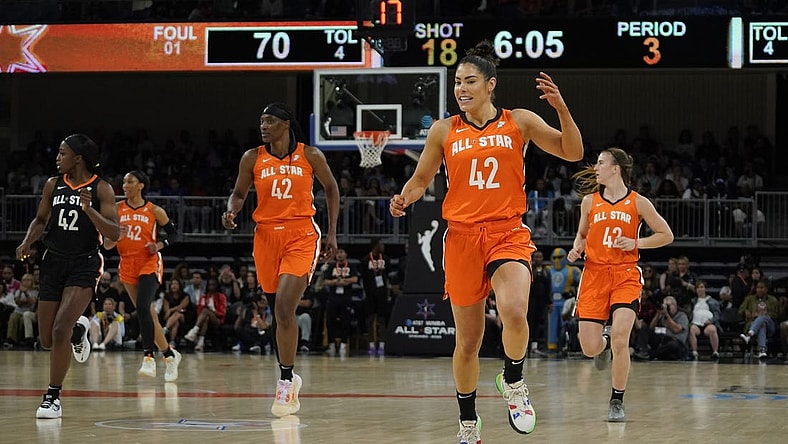 Jul 10, 2022; Chicago, Ill, USA; Players wear the number 42 to honor Brittany Griner during the second half in a WNBA All Star Game at Wintrust Arena. Mandatory Credit: David Banks-USA TODAY Sports