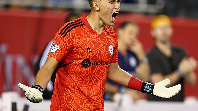 Jul 16, 2022; Chicago, Illinois, USA; Chicago Fire goalkeeper Gabriel Slonina (1) reacts against the Seattle Sounders during the second half at Soldier Field. Mandatory Credit: Mike Dinovo-USA TODAY Sports