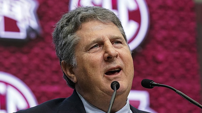 Jul 19, 2022; Atlanta, GA, USA; Mississippi State head coach Mike Leach shown on the stage during SEC Media Days at the College Football Hall of Fame. Mandatory Credit: Dale Zanine-USA TODAY Sports