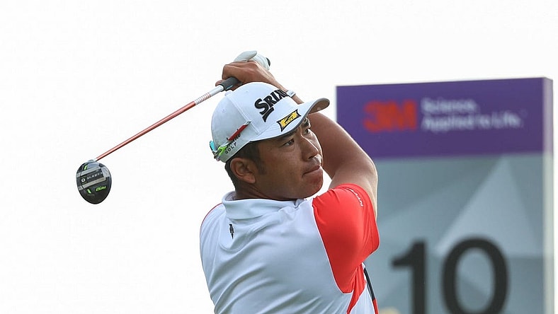 Jul 21, 2022; Blaine, Minnesota, USA; Hideki Matsuyama tees of on the 10th hole during the first round of the 3M Open golf tournament. Mandatory Credit: Matt Krohn-USA TODAY Sports