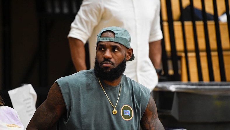 Basketball great LeBron James sits on the sidelines during The Skill Factory and Strive for Greatness game at the Peach Jam in North Augusta, S.C., on Thursday, July 21, 2022. TSF defeated Strive for Greatness 65-50.

Sports Peach Jam The Skill Factory V Strive For Greatness