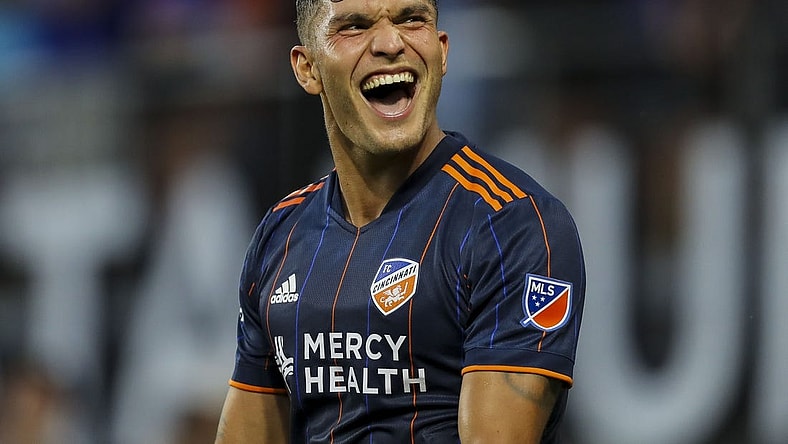 Jul 23, 2022; Cincinnati, Ohio, USA; FC Cincinnati forward Brandon Vazquez (19) reacts after scoring a goal against Nashville SC in the second half at TQL Stadium. Mandatory Credit: Katie Stratman-USA TODAY Sports