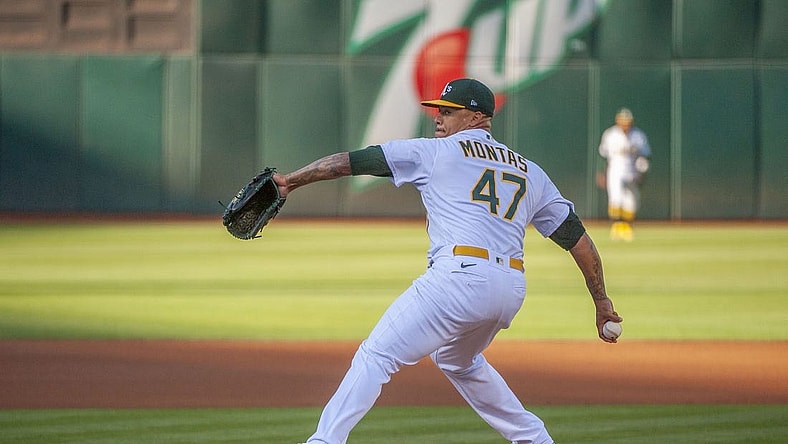Jul 26, 2022; Oakland, California, USA; Oakland Athletics starting pitcher Frankie Montas (47) throws a pitch against the Houston Astros during the first inning at RingCentral Coliseum. Mandatory Credit: Ed Szczepanski-USA TODAY Sports