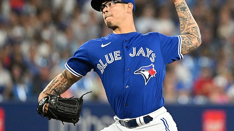 Jul 27, 2022; Toronto, Ontario, CAN;  Toronto Blue Jays relief pitcher Anthony Banda (43) delivers a pitch against the St. Louis Cardinals in the eighth inning at Rogers Centre. Mandatory Credit: Dan Hamilton-USA TODAY Sports