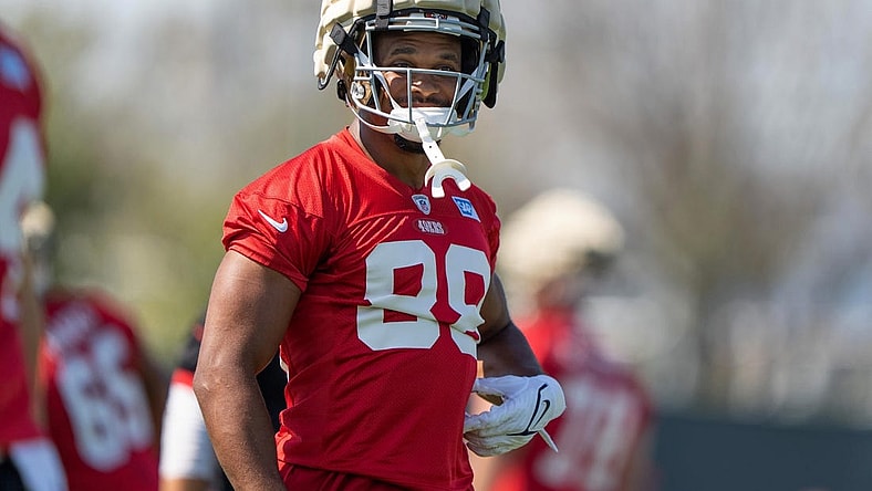 Jul 28, 2022; Santa Clara, CA, USA;  San Francisco 49ers tight end Jordan Matthews (88) during training camp at the SAP Performance Facility near Levi Stadium. Mandatory Credit: Stan Szeto-USA TODAY Sports