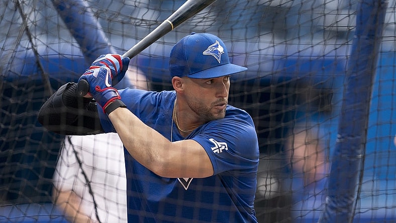 Jul 28, 2022; Toronto, Ontario, CAN; Toronto Blue Jays center fielder George Springer (4) takes batting practice before a game against the Detroit Tigers at Rogers Centre. Mandatory Credit: Nick Turchiaro-USA TODAY Sports