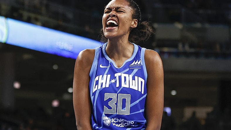 Jul 29, 2022; Chicago, Illinois, USA; Chicago Sky forward Azura Stevens (30) reacts after defensive play against the New York Liberty during the second half of the WNBA game at Wintrust Arena. Mandatory Credit: Kamil Krzaczynski-USA TODAY Sports
