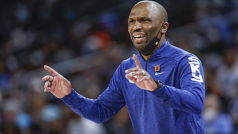 Jul 29, 2022; Chicago, Illinois, USA; Chicago Sky head coach James Wade reacts during the second half of the WNBA game against the New York Liberty at Wintrust Arena. Mandatory Credit: Kamil Krzaczynski-USA TODAY Sports