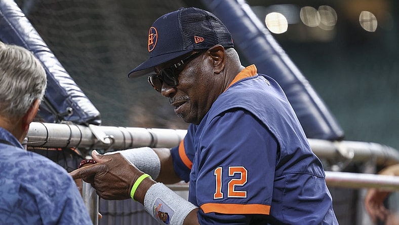 Jul 30, 2022; Houston, Texas, USA; Houston Astros manager Dusty Baker Jr. (12) talks before the game against the Seattle Mariners at Minute Maid Park. Mandatory Credit: Troy Taormina-USA TODAY Sports