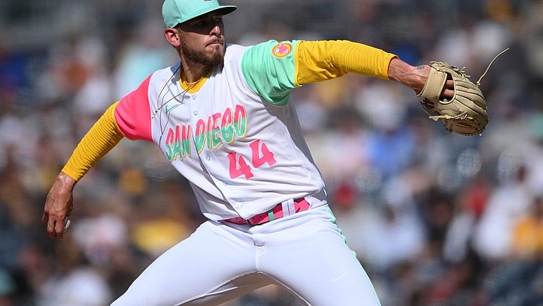 Jul 30, 2022; San Diego, California, USA; San Diego Padres starting pitcher Joe Musgrove (44) throws a pitch against the Minnesota Twins during the first inning at Petco Park. Mandatory Credit: Orlando Ramirez-USA TODAY Sports
