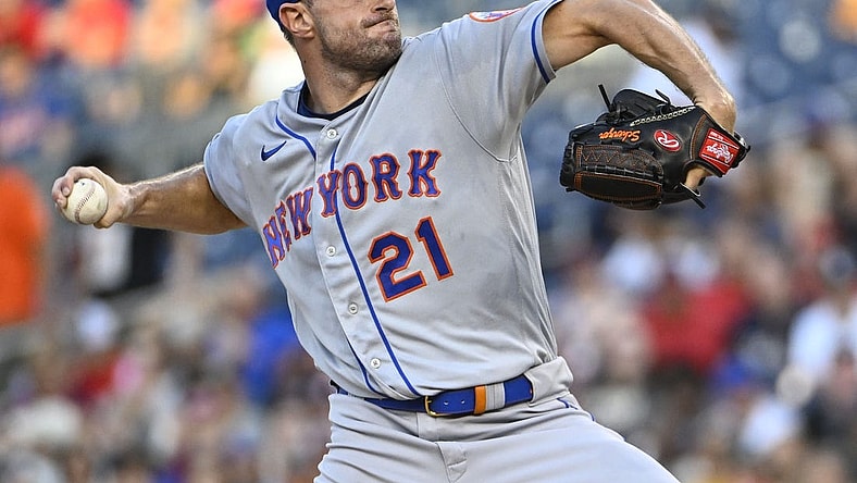 Aug 1, 2022; Washington, District of Columbia, USA; New York Mets starting pitcher Max Scherzer (21) throws to the Washington Nationals during the first inning at Nationals Park. Mandatory Credit: Brad Mills-USA TODAY Sports