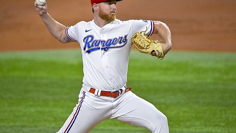 Aug 1, 2022; Arlington, Texas, USA; Texas Rangers starting pitcher Jon Gray (22) pitches against the Baltimore Orioles during the second inning at Globe Life Field. Mandatory Credit: Jerome Miron-USA TODAY Sports