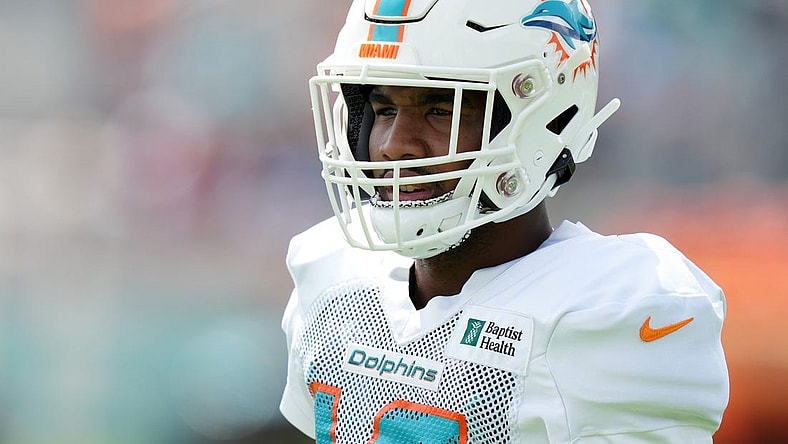 Aug 2, 2022; Miami Gardens, Florida, US; Miami Dolphins wide receiver Jaylen Waddle (17) walks on the field during training camp at Baptist Health Training Complex. Mandatory Credit: Jasen Vinlove-USA TODAY Sports