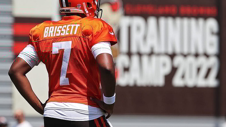 Cleveland Browns quarterback Jacoby Brissett watches from the sideline during the NFL football team's football training camp in Berea on Tuesday.Brissett Camp 2