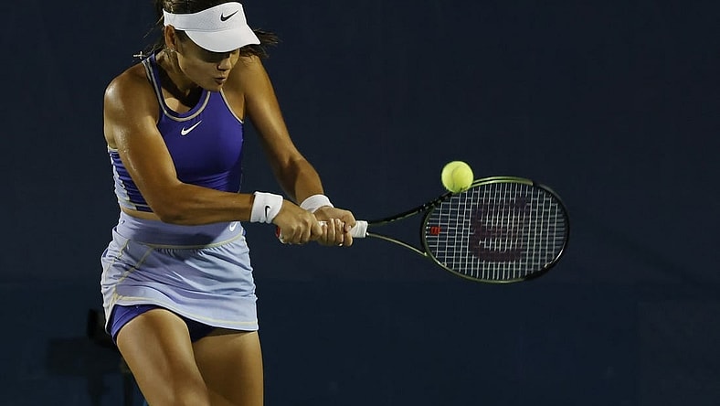 Aug 5, 2022; Washington, DC, USA; Emma Raducanu (GBR) hits a backhand against Liudmila Samsonova (not pictured) on day five of the Citi Open at Rock Creek Park Tennis Center. Mandatory Credit: Geoff Burke-USA TODAY Sports