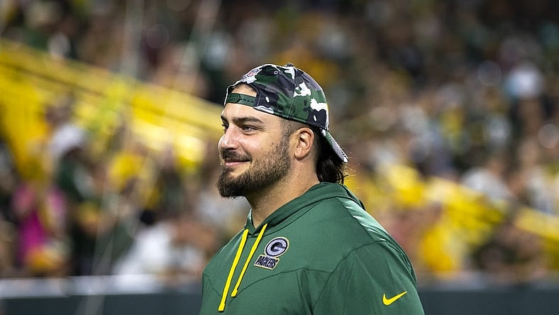 Aug 5, 2022; Green Bay, WI, USA; Green Bay Packers tackle David Bakhtiari (69) smiles at Lambeau Field. Mandatory Credit: Samantha Madar/Green Bay Press Gazette -USA TODAY NETWORK