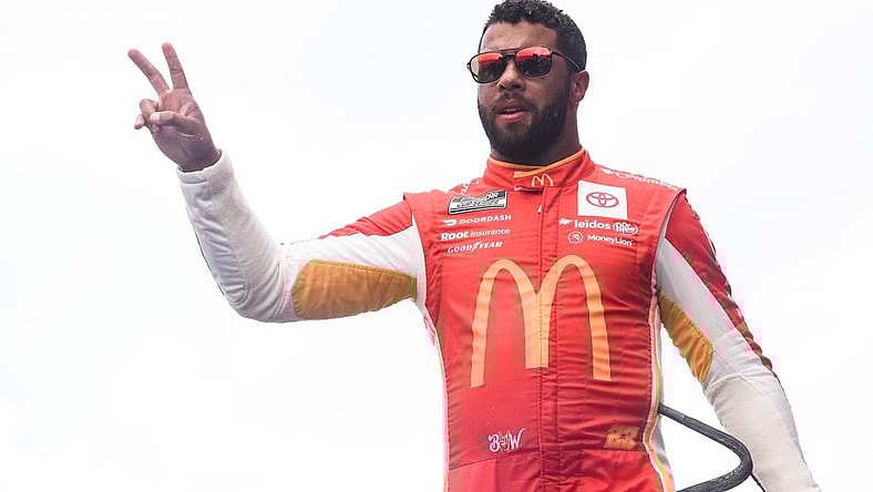 Aug 7, 2022; Brooklyn, Michigan, USA; NASCAR Cup Series driver Bubba Wallace (23) is introduced before the race at Michigan International Speedway. Mandatory Credit: Tim Fuller-USA TODAY Sports