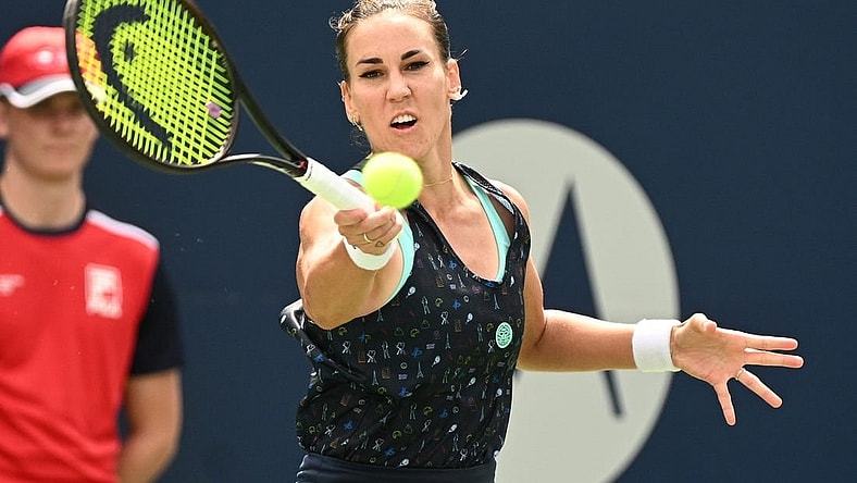Aug 8, 2022; Toronto, ON, Canada;   Nuria Parrizas Diaz (ESP) plays a shot against Serena Williams (USA)  in first round play in the National Bank Open at Sobeys Stadium. Mandatory Credit: Dan Hamilton-USA TODAY Sports