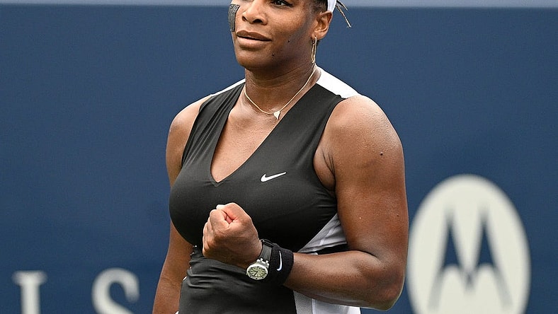 Aug 8, 2022; Toronto, ON, Canada;  Serena Williams (USA) reacts after defeating Nuria Parrizas Diaz (ESP) in first round play in the National Bank Open at Sobeys Stadium. Mandatory Credit: Dan Hamilton-USA TODAY Sports