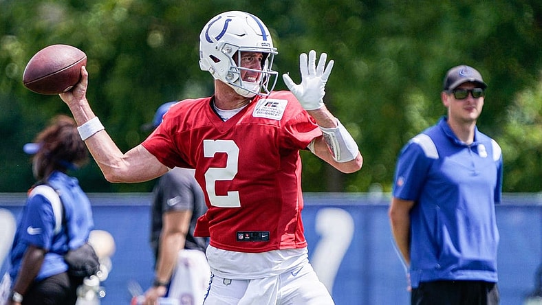 The Indianapolis Colts QB, Matt Ryan(2) throws the ball during passing drills at Colts Camp on Monday, August 8, 2022, at Grand Park in Westfield Ind.