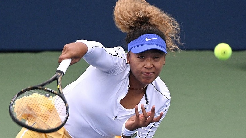 Aug 9, 2022; North York, ON, Canada;  Naomi Osaka (JPN) serves against Kaia Kanepi (EST) (not pictured) at Sobeys Stadium. Mandatory Credit: Dan Hamilton-USA TODAY Sports