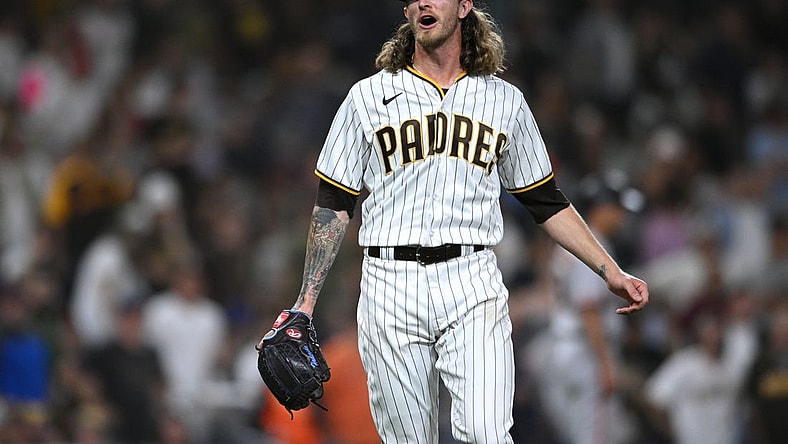 Aug 9, 2022; San Diego, California, USA; San Diego Padres relief pitcher Josh Hader (71) reacts after being replaced during the ninth inning against the San Francisco Giants at Petco Park. Mandatory Credit: Orlando Ramirez-USA TODAY Sports