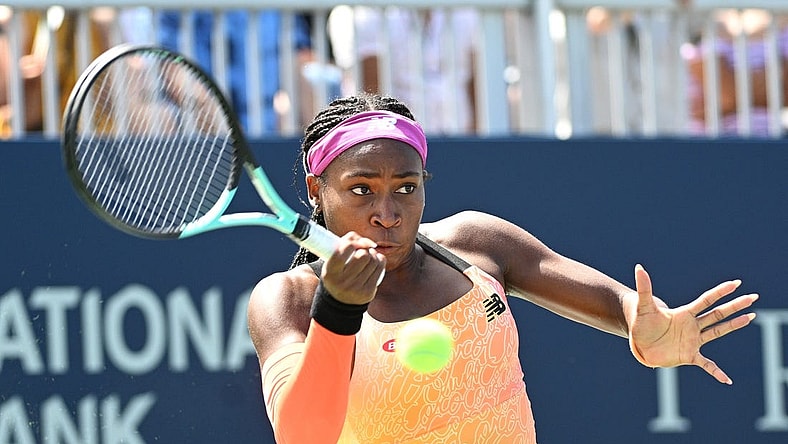 Aug 10, 2022; North York, ON, Canada; Coco Gauff (USA) plays a shot against Elena Rybakina (KAZ) (not pictured) at Sobeys Stadium. Mandatory Credit: Dan Hamilton-USA TODAY Sports