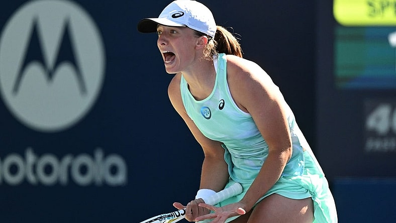 Aug 11, 2022; North York, ON, Canada; Iga Swiatek (POL) reacts after losing a point against Beatriz Haddad Maia (BRA) at Sobeys Stadium. Mandatory Credit: Dan Hamilton-USA TODAY Sports