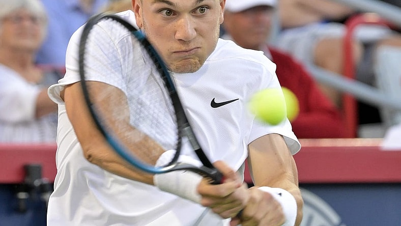 Aug 11, 2022; Montreal, QC, Canada; Jack Draper (GBR) hits a backhand against Gael Monfils (FRA) (not pictured) in third round play in the National Bank Open at IGA Stadium. Mandatory Credit: Eric Bolte-USA TODAY Sports