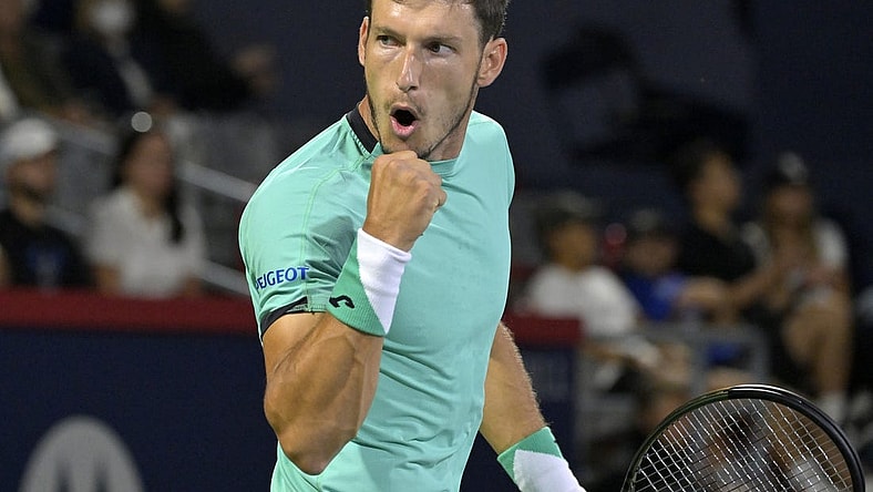 Aug 11, 2022; Montreal, QC, Canada; Pablo Carreno Busta (ESP) reacts after a point against Jannik Sinner (ITA) (not pictured) in third round play in the National Bank Open at IGA Stadium. Mandatory Credit: Eric Bolte-USA TODAY Sports