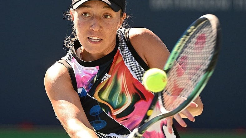 Aug 12, 2022; Toronto, ON, Canada; Jessica Pegula (USA) plays a shot against Yulia Putintseva (KAZ) (not pictured) at Sobeys Stadium. Mandatory Credit: Dan Hamilton-USA TODAY Sports