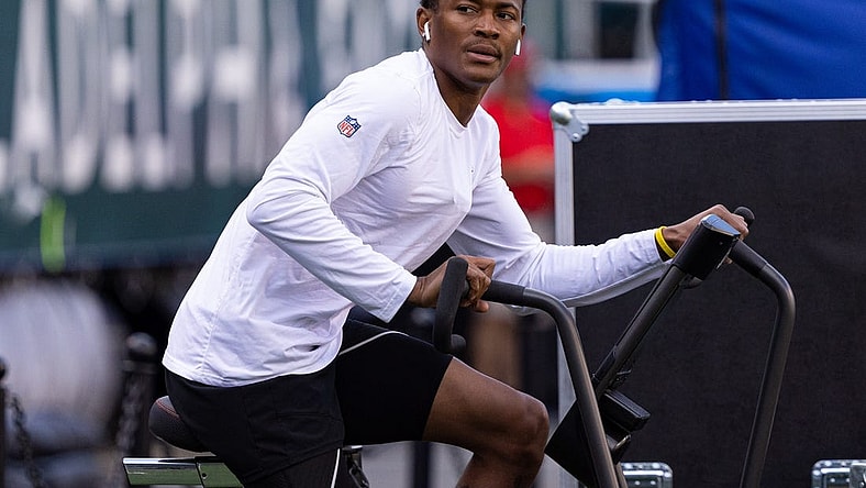 Aug 12, 2022; Philadelphia, Pennsylvania, USA; Philadelphia Eagles wide receiver DeVonta Smith warms up on a bike before a game against the New York Jets at Lincoln Financial Field. Mandatory Credit: Bill Streicher-USA TODAY Sports