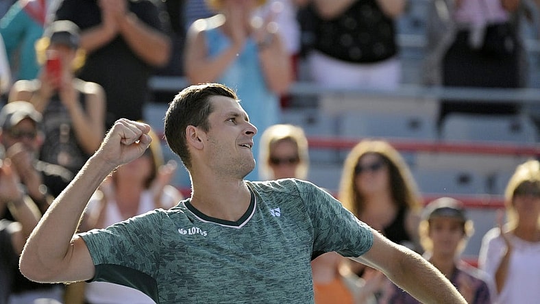 Aug 13, 2022; Montreal, QC, Canada; Hubert Hurkacz (POL) celebrates his win over Casper Ruud (NOR) (not pictured) in semifinal play in the National Bank Open at IGA Stadium. Mandatory Credit: Eric Bolte-USA TODAY Sports