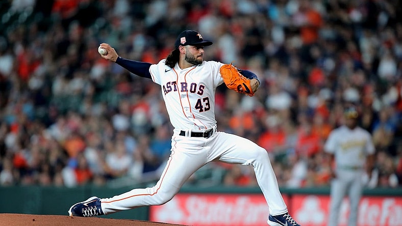 Aug 13, 2022; Houston, Texas, USA; Houston Astros starting pitcher Lance McCullers Jr. (43) delivers against the Oakland Athletics during the first inning at Minute Maid Park. Mandatory Credit: Erik Williams-USA TODAY Sports