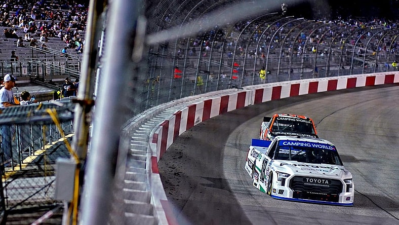 Aug 13, 2022; Richmond, Virginia, USA; NASCAR Gander RV and Outdoors Truck Series driver Chandler Smith (18) during the Truck Series Worldwide Express 250 at Richmond International Raceway. Mandatory Credit: Peter Casey-USA TODAY Sports