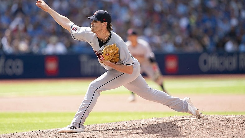 Aug 14, 2022; Toronto, Ontario, CAN; Cleveland Guardians starting pitcher Shane Bieber (57) throws a pitch against the Toronto Blue Jays during the seventh inning at Rogers Centre. Mandatory Credit: Nick Turchiaro-USA TODAY Sports