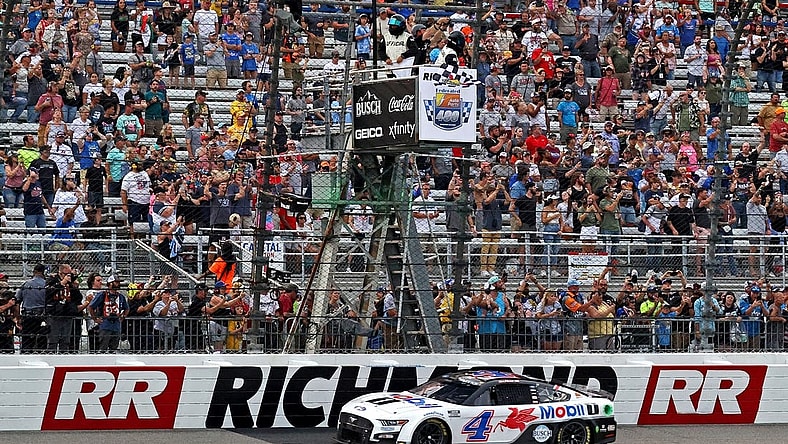 Aug 14, 2022; Richmond, Virginia, USA; NASCAR Cup Series driver Kevin Harvick (4) wins the Federated Auto Part 400 at Richmond International Raceway. Mandatory Credit: Peter Casey-USA TODAY Sports