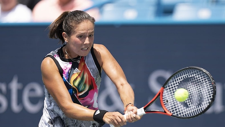 Aug 15, 2022; Cincinnati, OH, USA; Daria Kasatkina (RUS) returns a shot during her match against Amanda Anisimova (USA) at the Western & Southern at the at the Lindner Family Tennis Center. Mandatory Credit: Susan Mullane-USA TODAY Sports