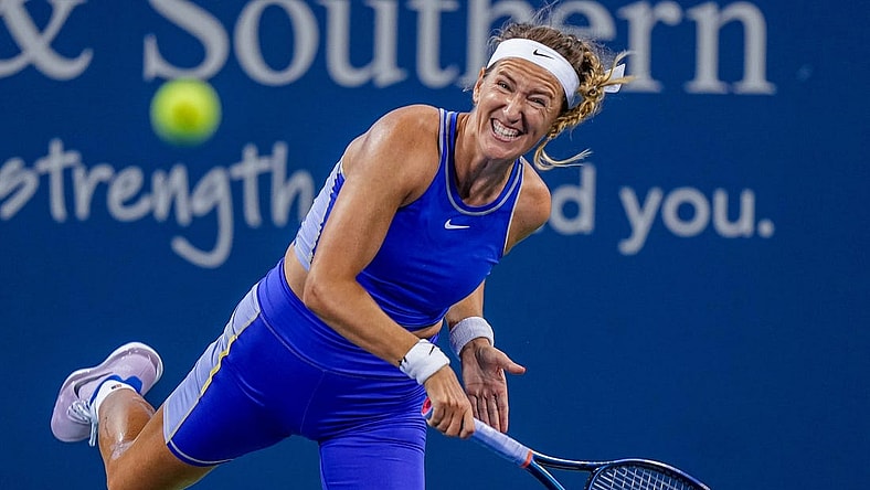 Victoria Azarenka makes a hit to Kaia Kanepi on Grand Stand court during the Western & Southern Open at the Lindner Family Tennis Center in Mason Monday, August 15, 2022.  Azarenka won 6-3, 4-6, 6-3.

Monday Tennis10