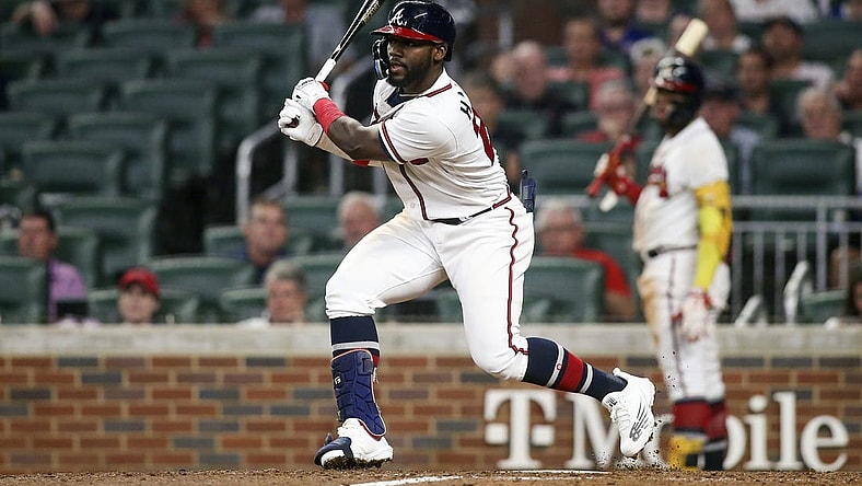 Aug 15, 2022; Atlanta, Georgia, USA; Atlanta Braves center fielder Michael Harris II (23) hits a RBI single against the New York Mets in the sixth inning at Truist Park. Mandatory Credit: Brett Davis-USA TODAY Sports