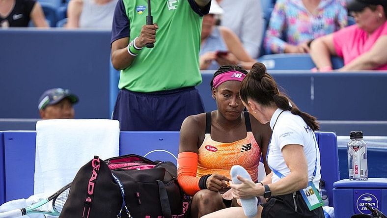 Coco Gauff is tended to between games after falling during her match against Marle Bouzkova.
Syndication The Enquirer