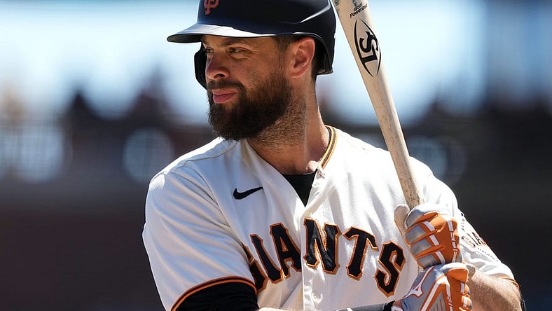 Aug 14, 2022; San Francisco, California, USA; San Francisco Giants first baseman Brandon Belt (9) bats during the first inning against the Pittsburgh Pirates at Oracle Park. Mandatory Credit: Darren Yamashita-USA TODAY Sports