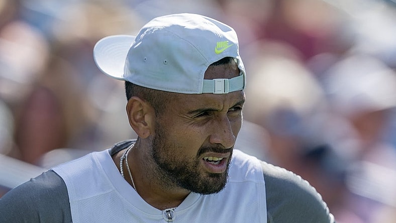 Aug 17, 2022; Cincinnati, OH, USA; Nick Kyrgios (AUS) questions a call during his match against Taylor Fritz (USA) at the Western & Southern Open at the at the Lindner Family Tennis Center. Mandatory Credit: Susan Mullane-USA TODAY Sports