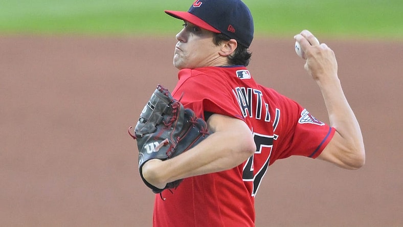 Aug 17, 2022; Cleveland, Ohio, USA; Cleveland Guardians starting pitcher Cal Quantrill (47) delivers a pitch in the second inning against the Detroit Tigers at Progressive Field. Mandatory Credit: David Richard-USA TODAY Sports