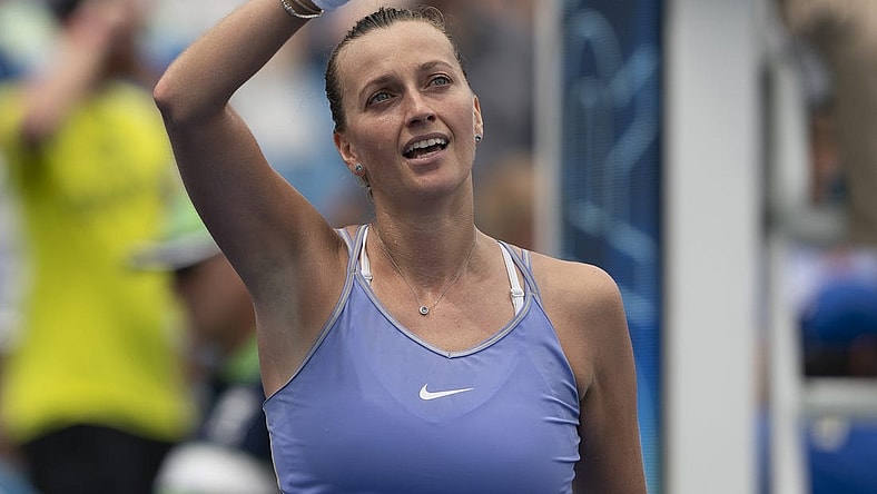 Aug 20, 2022; Cincinnati, OH, USA; Petra Kvitova (CZE) celebrates winning her match against Madison Keys (USA) at the Western & Southern Open at the Lindner Family Tennis Center. Mandatory Credit: Susan Mullane-USA TODAY Sports