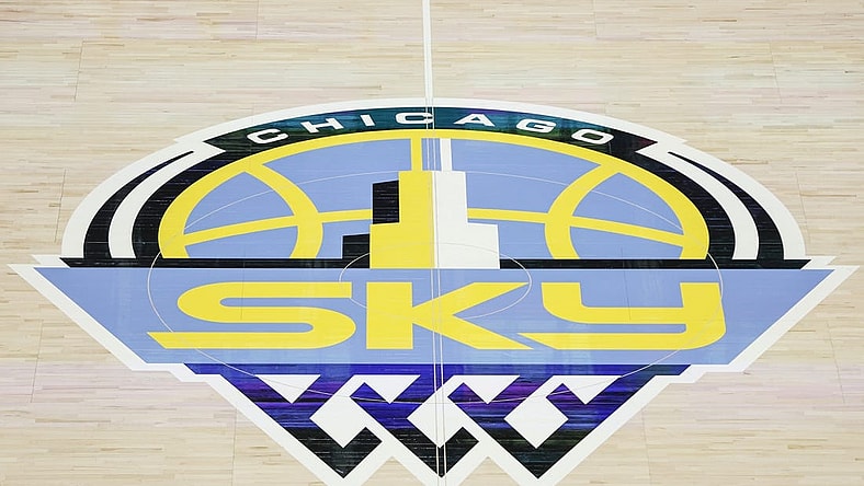 Aug 20, 2022; Chicago, Illinois, USA; Chicago Sky logo is seen on the court before Game 2 of the first round of the WNBA playoffs between the Chicago Sky and New York Liberty at Wintrust Arena. Mandatory Credit: Kamil Krzaczynski-USA TODAY Sports