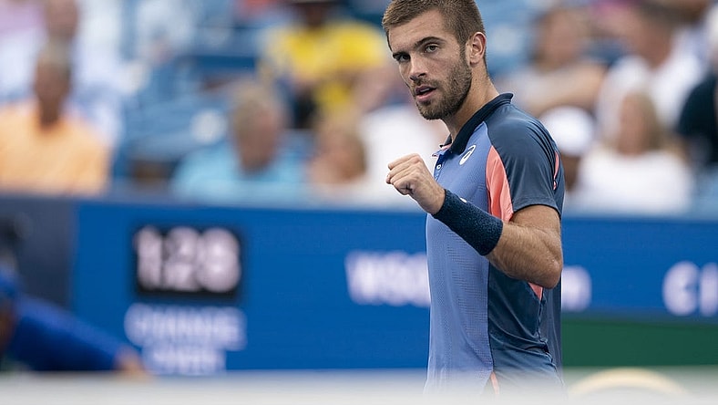 Aug 21, 2022; Cincinnati, OH, USA; Borna Coric (CRO) reacts to a shot during the men   s final match against Stefanos Tsitsipas (GRE) at the Western & Southern Open at the Lindner Family Tennis Center. Mandatory Credit: Susan Mullane-USA TODAY Sports