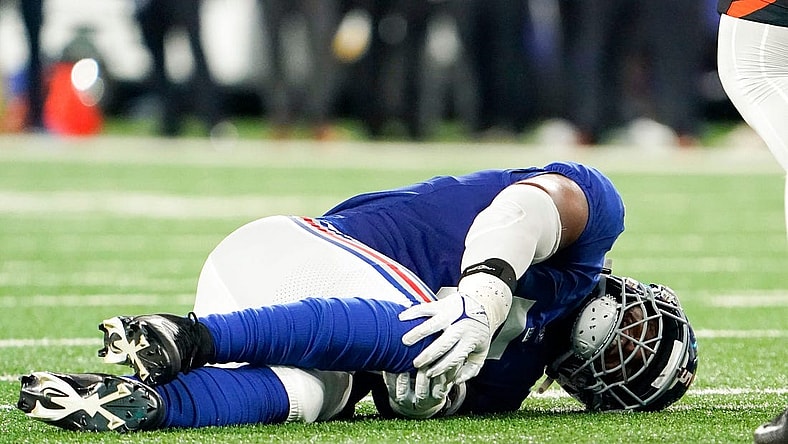 New York Giants defensive end Kayvon Thibodeaux (5) goes down during a preseason game against the Cincinnati Bengals at MetLife Stadium on August 21, 2022, in East Rutherford.
Nfl Ny Giants Preseason Game Vs Bengals Bengals At Giants