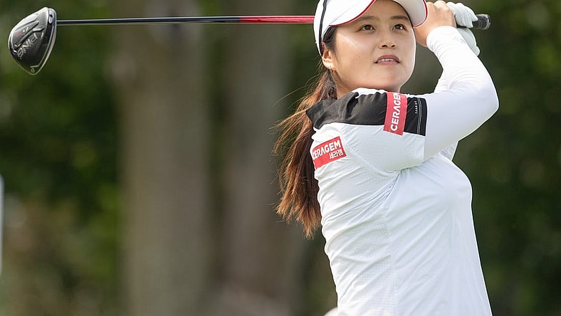 Aug 25, 2022; Ottawa, Ontario, CAN; Hye-Jin Choi of Korea tees off during the first round of the CP Women's Open golf tournament. Mandatory Credit: Marc DesRosiers-USA TODAY Sports